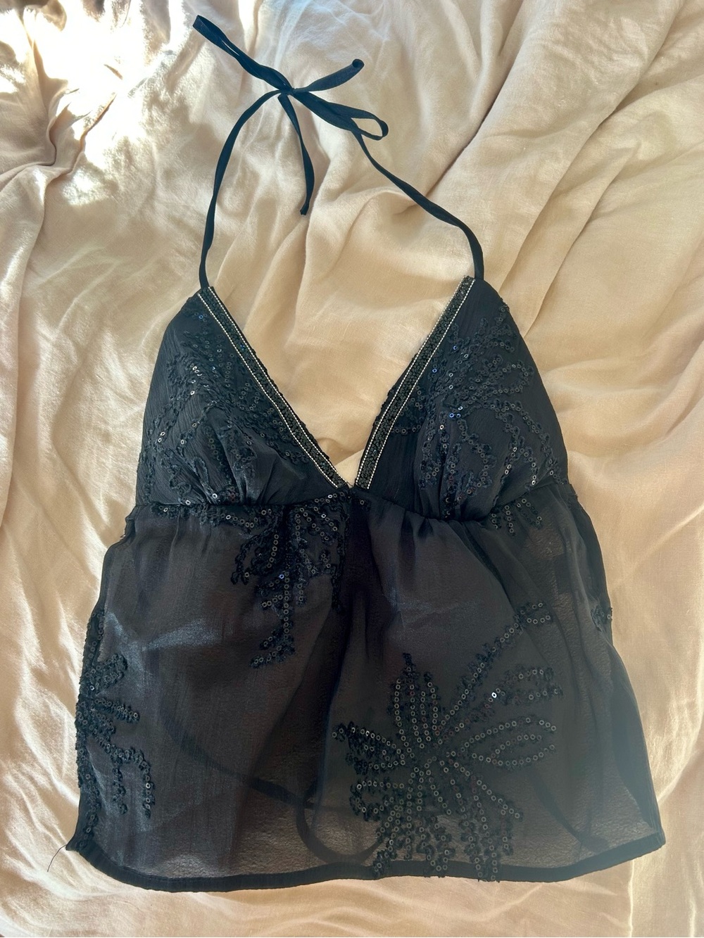 Black Backless Sequin Mesh Halter Babydoll